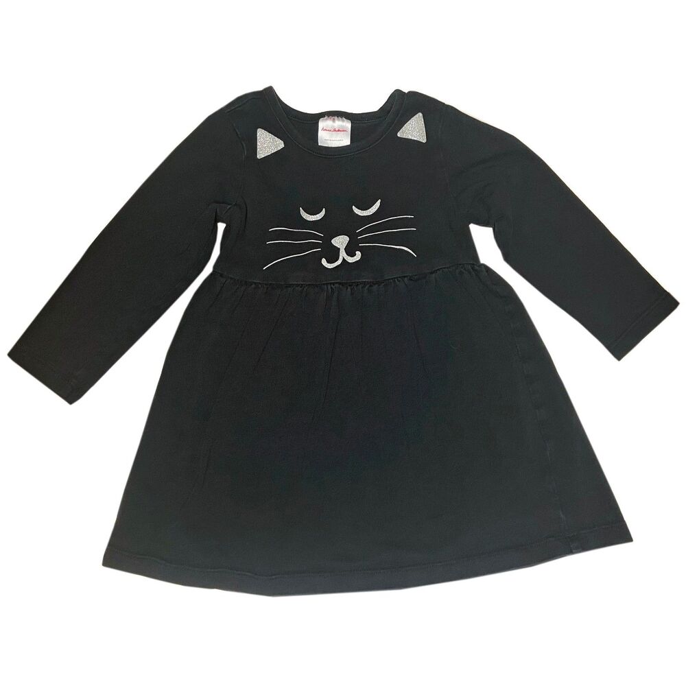 Hanna Andersson Silver Glitter Cat Long Sleeve Dress Size 3T Black Cotton Jersey